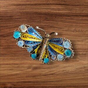 Vintage Butterfly Filigree Brooch Pin Enamel Handcrafted Elegant Blue Yellow Del